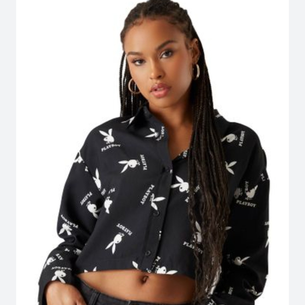 Playboy Logo Black and White Long Sleeved Cropped Shirt, Size S